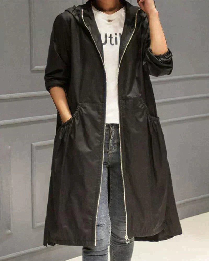 Women's Waterproof Lightweight Hooded Jacket - Relaxed Fit, Knee-Length, Zip Closure - Perfect for Outdoor Activities