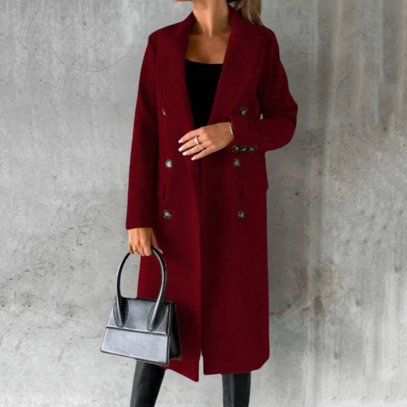 Women's Double-Breasted Long Trench Coat with Button Cuffs - Stylish & Classic Outerwear