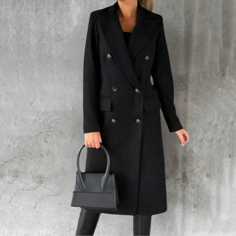 Women's Double-Breasted Long Trench Coat with Button Cuffs - Stylish & Classic Outerwear