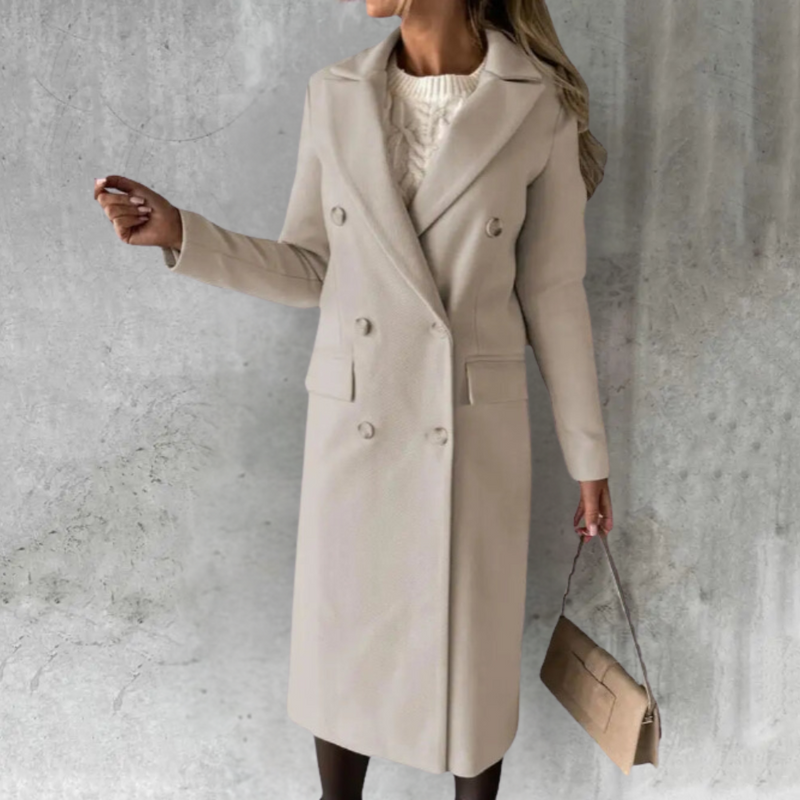 Women's Double-Breasted Long Trench Coat with Button Cuffs - Stylish & Classic Outerwear
