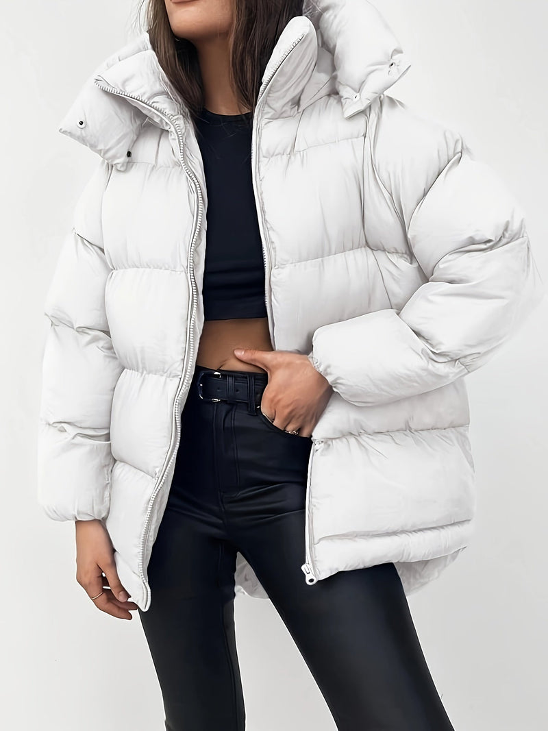 Women's Quilted Short Hooded Puffer Jacket with High Collar - Stylish & Warm Winter Outerwear