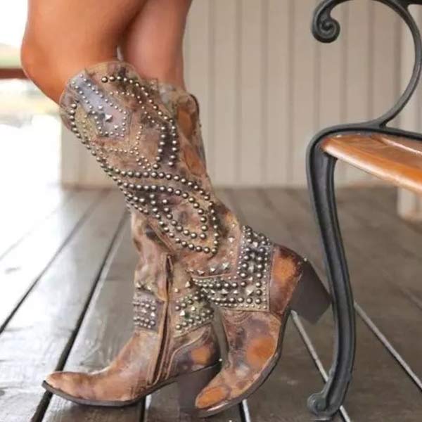 Stylish Women's Knee High Cowboy Boots with Rivet Detail, Chunky Thick Heel & Convenient Side Zip Closure
