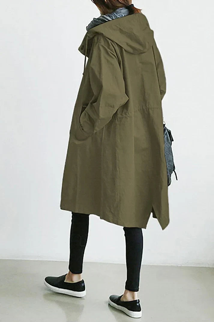 Women's Oversized Hooded Trench Coat with Pockets - Stylish Button-Up Outerwear