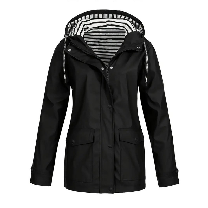 Women's Mid-Length Raincoat - Relaxed Fit with Adjustable Hood - Stylish & Functional Outdoor Jacket for All Weather