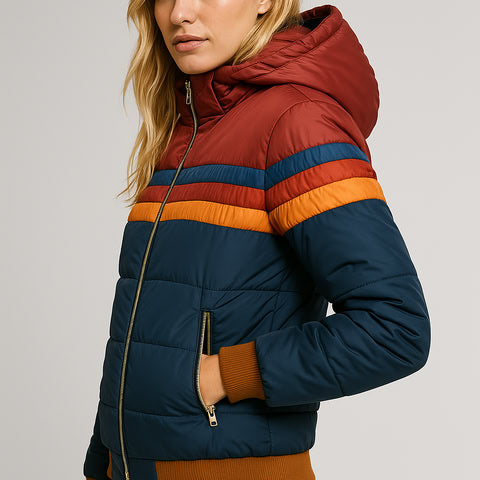 Women's Colorblock Waterproof Puffer Jacket - Hooded Winter Coat for Ultimate Warmth and Style