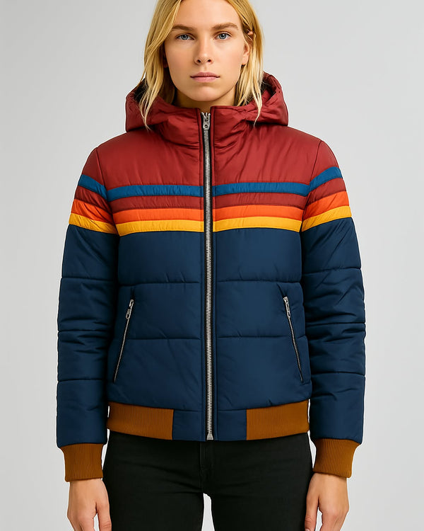 Women's Colorblock Waterproof Puffer Jacket - Hooded Winter Coat for Ultimate Warmth and Style