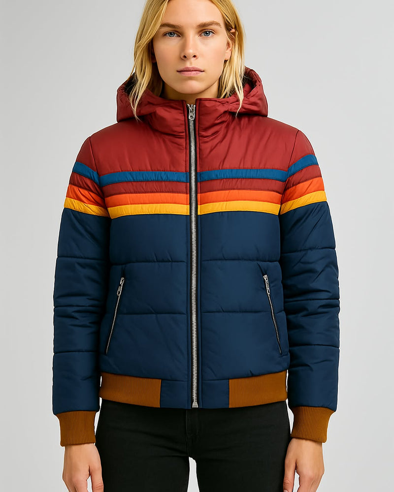 Women's Colorblock Waterproof Puffer Jacket - Hooded Winter Coat for Ultimate Warmth and Style