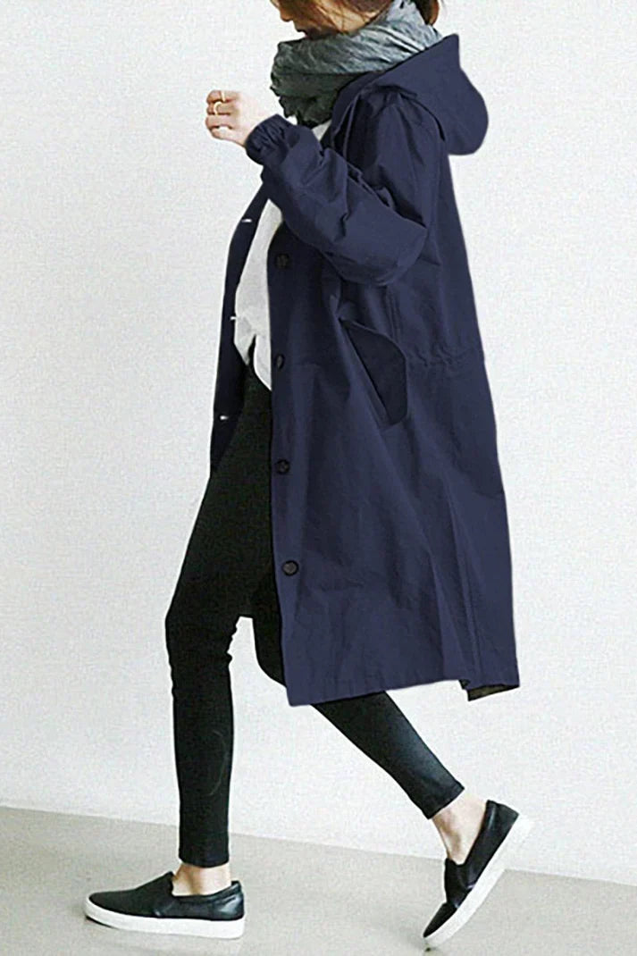 Women's Oversized Hooded Trench Coat with Pockets - Stylish Button-Up Outerwear
