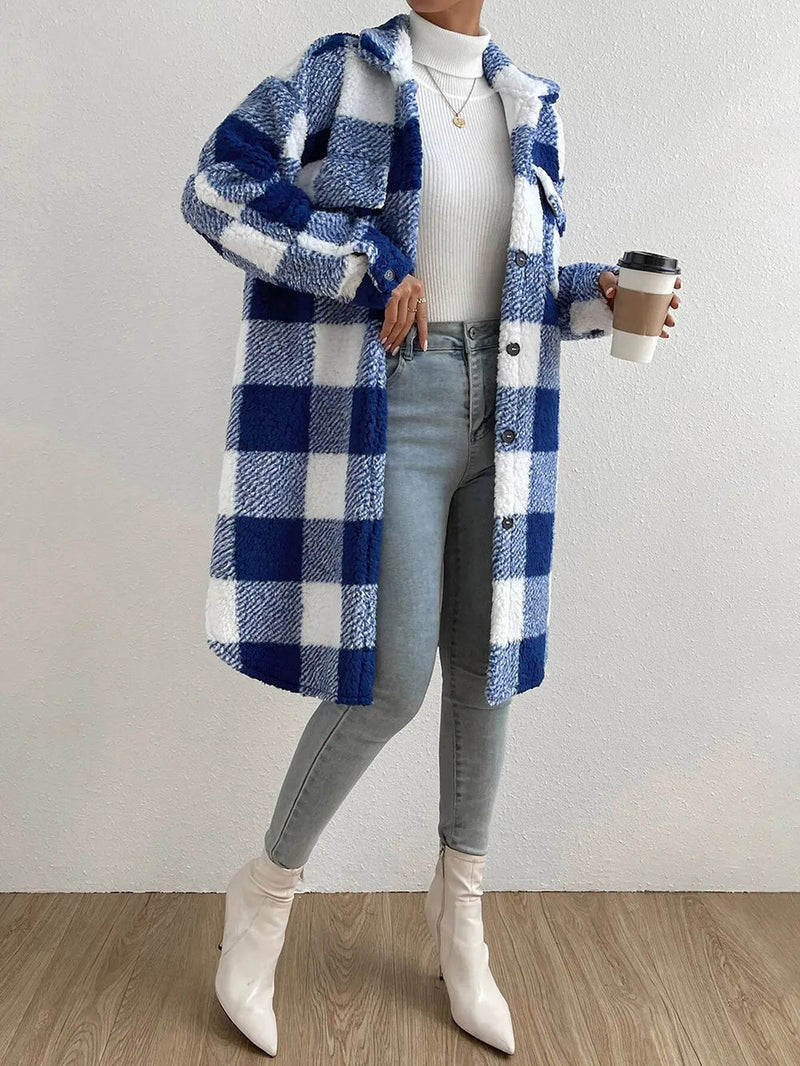 Women's Long Plaid Teddy Fleece Coat with Button Front & Pockets - Cozy Winter Outerwear