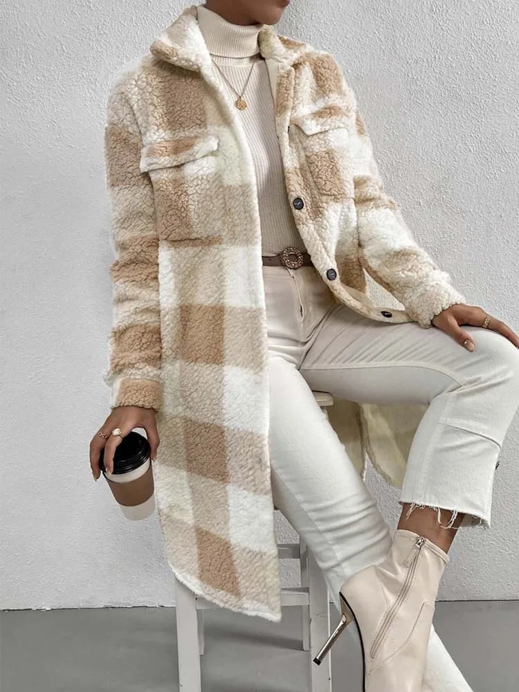 Women's Long Plaid Teddy Fleece Coat with Button Front & Pockets - Cozy Winter Outerwear