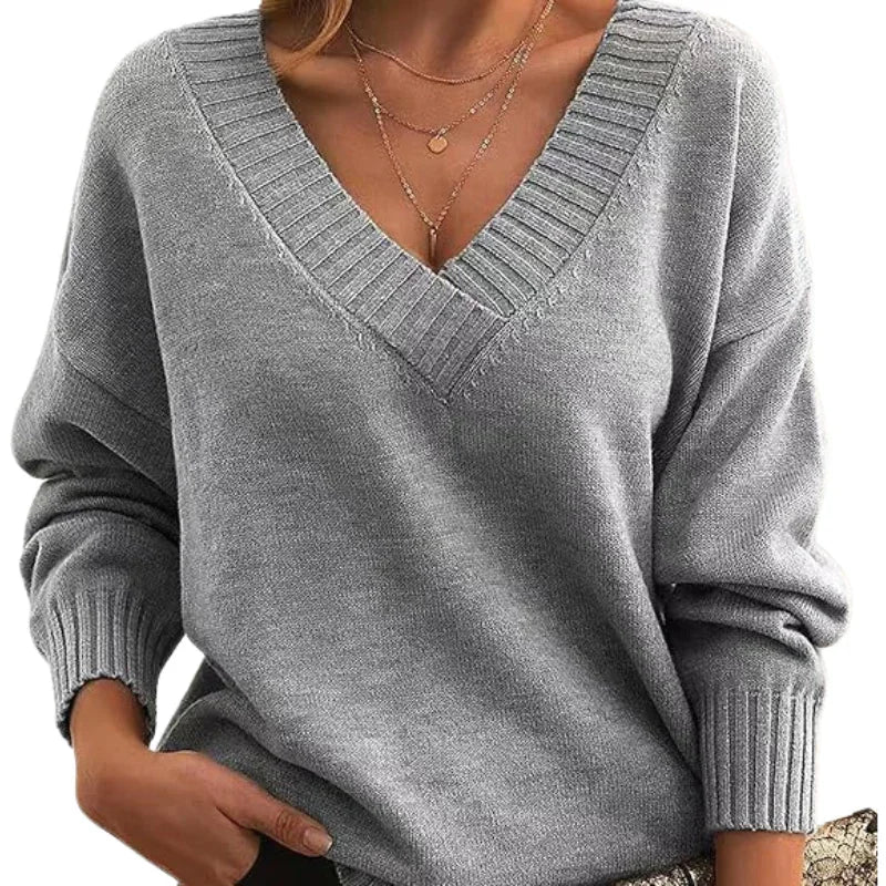 Women's Relaxed Fit V-Neck Textured Knit Jumper - Regular Length Cozy Sweater for Everyday Wear