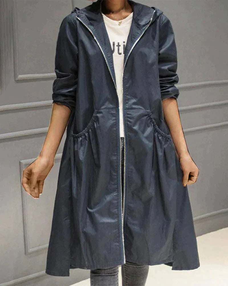 Women's Waterproof Lightweight Hooded Jacket - Relaxed Fit, Knee-Length, Zip Closure - Perfect for Outdoor Activities
