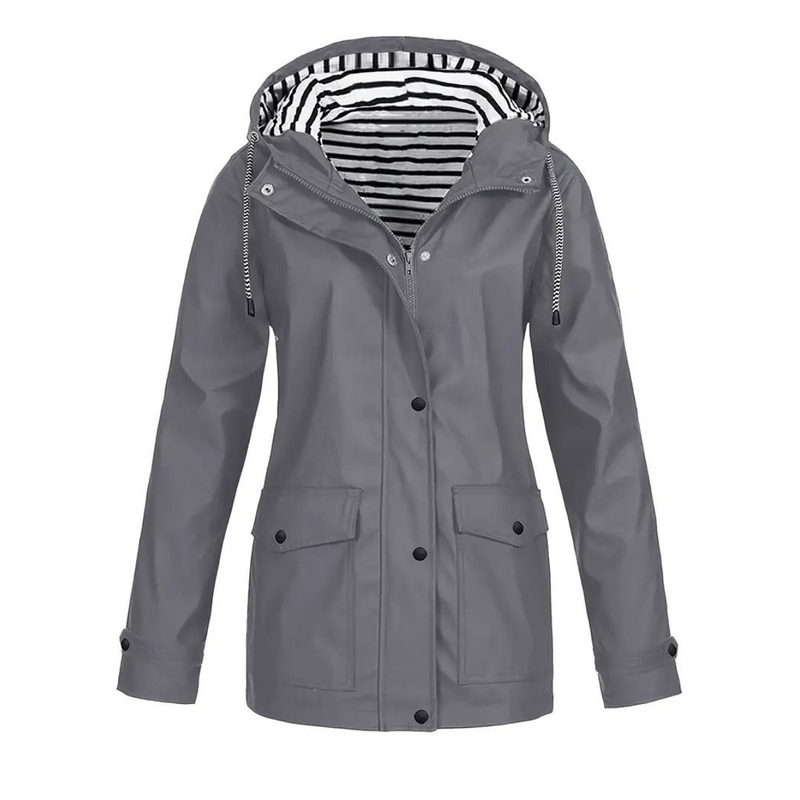 Women's Mid-Length Raincoat - Relaxed Fit with Adjustable Hood - Stylish & Functional Outdoor Jacket for All Weather