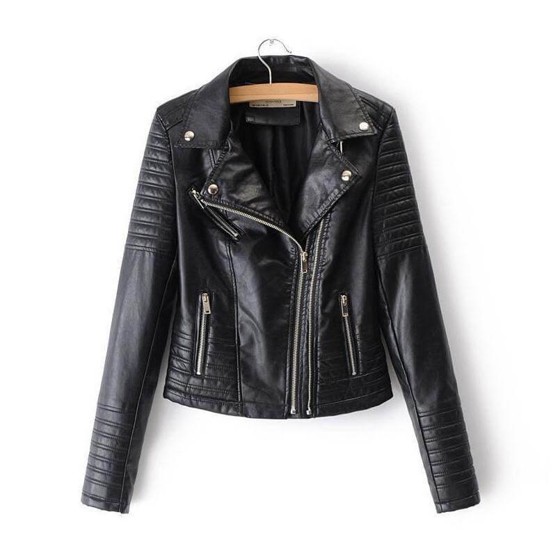 Women's Classic Black Leather Biker Jacket - Stylish & Durable Motorcycle Outerwear