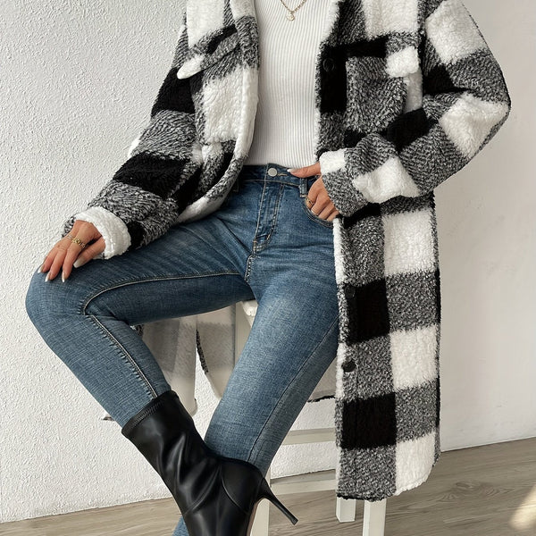 Women's Long Plaid Teddy Fleece Coat with Button Front & Pockets - Cozy Winter Outerwear