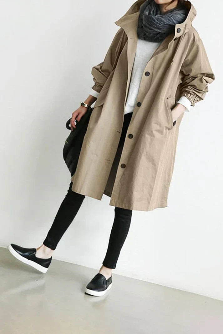 Women's Oversized Hooded Trench Coat with Pockets - Stylish Button-Up Outerwear