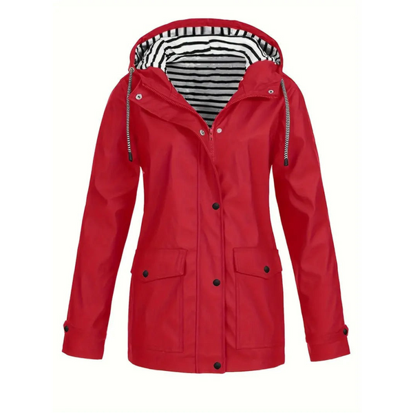 Women's Mid-Length Raincoat - Relaxed Fit with Adjustable Hood - Stylish & Functional Outdoor Jacket for All Weather