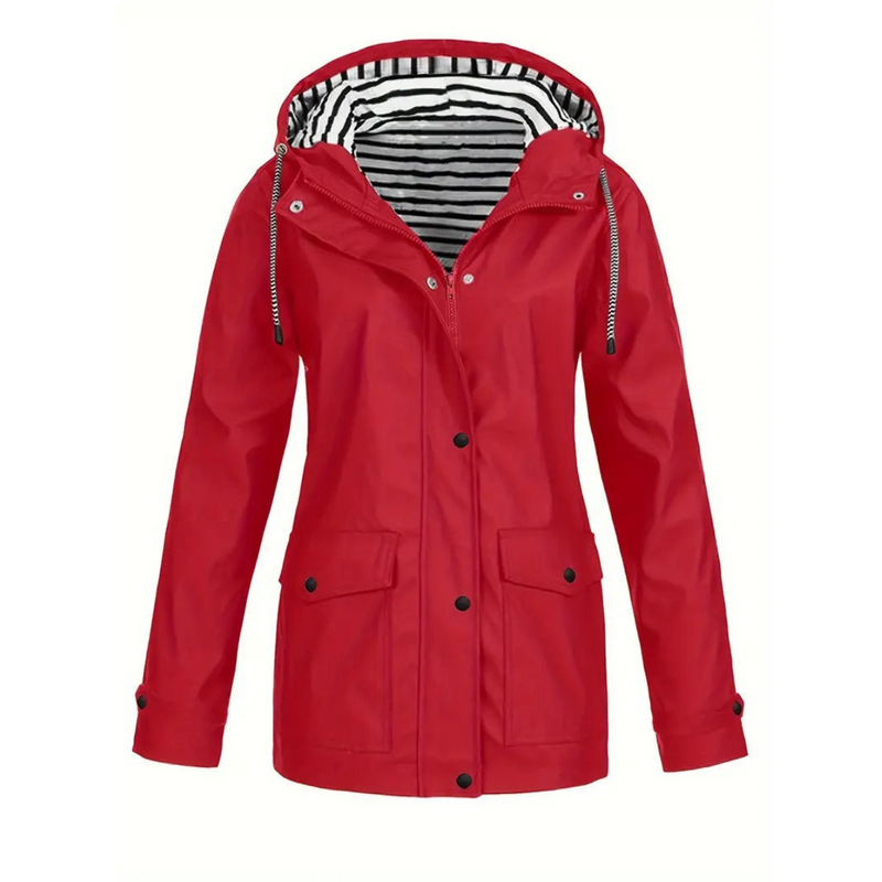 Women's Mid-Length Raincoat - Relaxed Fit with Adjustable Hood - Stylish & Functional Outdoor Jacket for All Weather