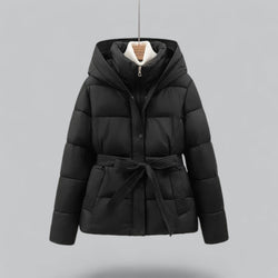 Women's Quilted Hooded Puffer Jacket with Belted Waist - Warm Insulated Winter Coat