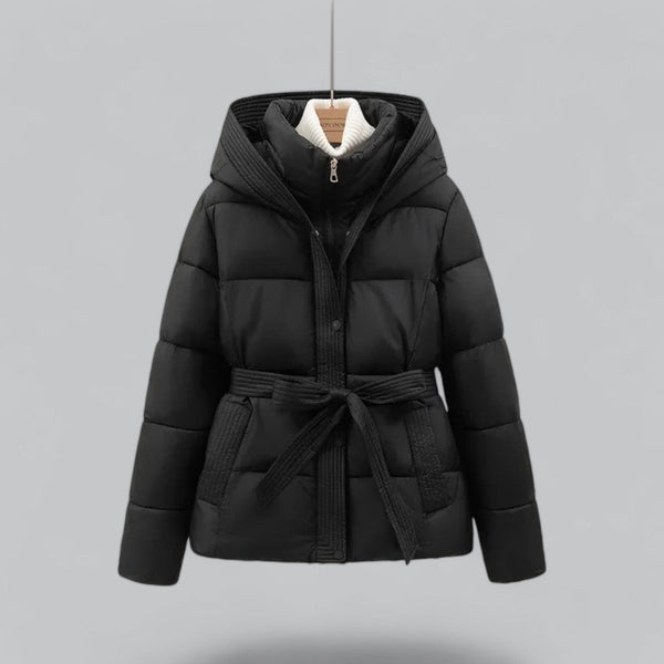 Women's Quilted Hooded Puffer Jacket with Belted Waist - Warm Insulated Winter Coat