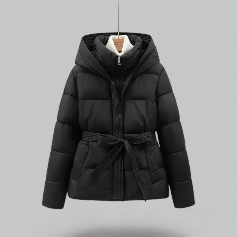 Women's Quilted Hooded Puffer Jacket with Belted Waist - Warm Insulated Winter Coat