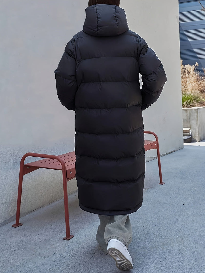 Women's Long Black Puffer Jacket with Hood - Stylish Full-Length Quilted Design for Ultimate Warmth