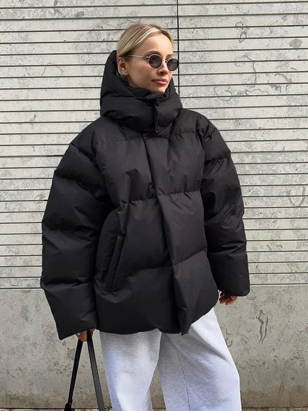 Women's Oversized High Collar Quilted Puffer Jacket - Stylish & Warm Winter Outerwear