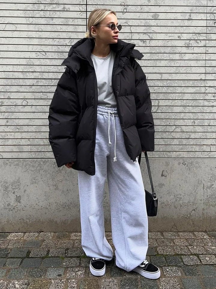 Women's Oversized High Collar Quilted Puffer Jacket - Stylish & Warm Winter Outerwear