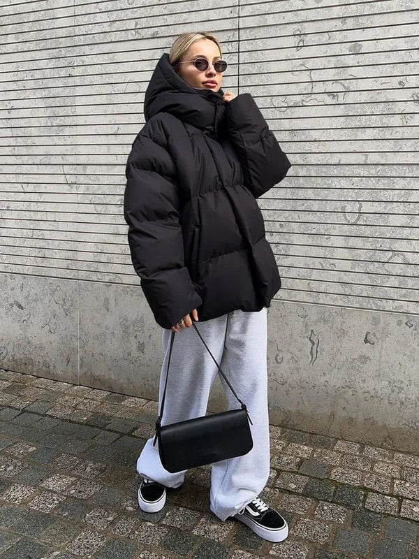Women's Oversized High Collar Quilted Puffer Jacket - Stylish & Warm Winter Outerwear