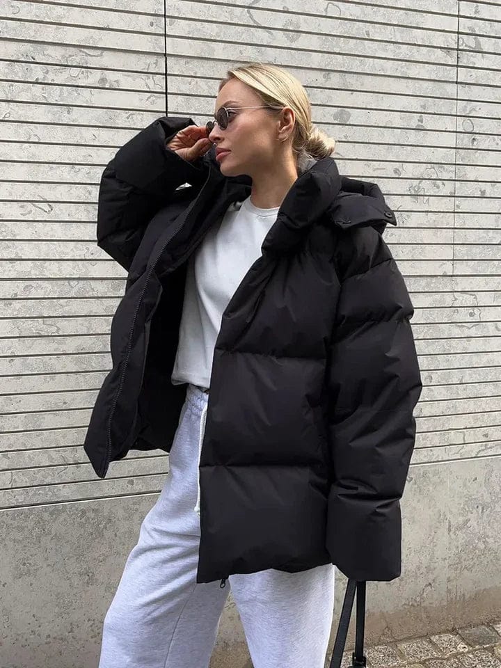 Women's Oversized High Collar Quilted Puffer Jacket - Stylish & Warm Winter Outerwear