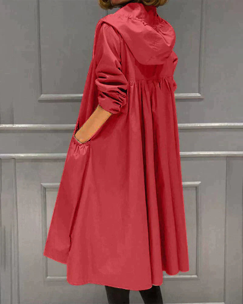 Women's Waterproof Hooded Raincoat - Long Weatherproof Jacket with Zip Closure