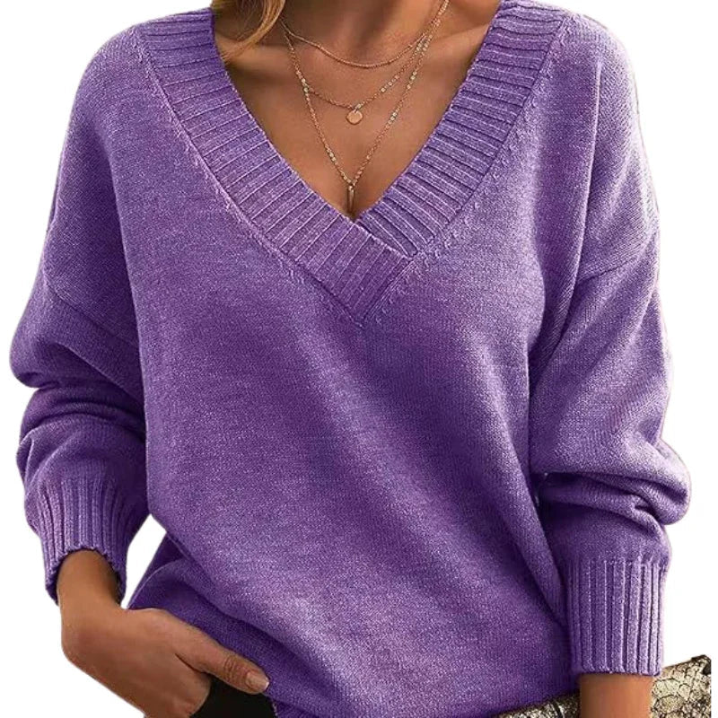 Women's Relaxed Fit V-Neck Textured Knit Jumper - Regular Length Cozy Sweater for Everyday Wear