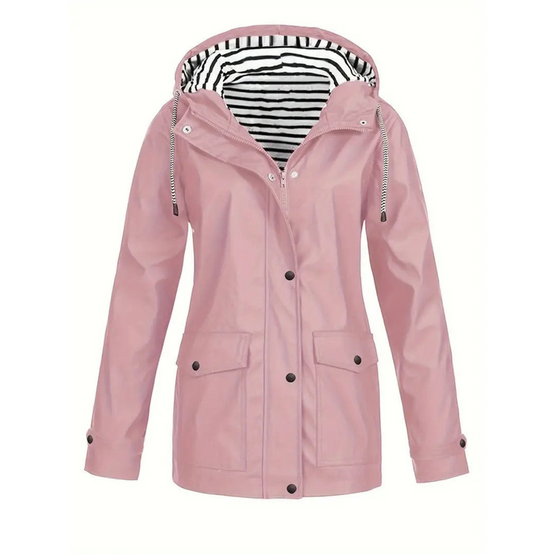 Women's Mid-Length Raincoat - Relaxed Fit with Adjustable Hood - Stylish & Functional Outdoor Jacket for All Weather