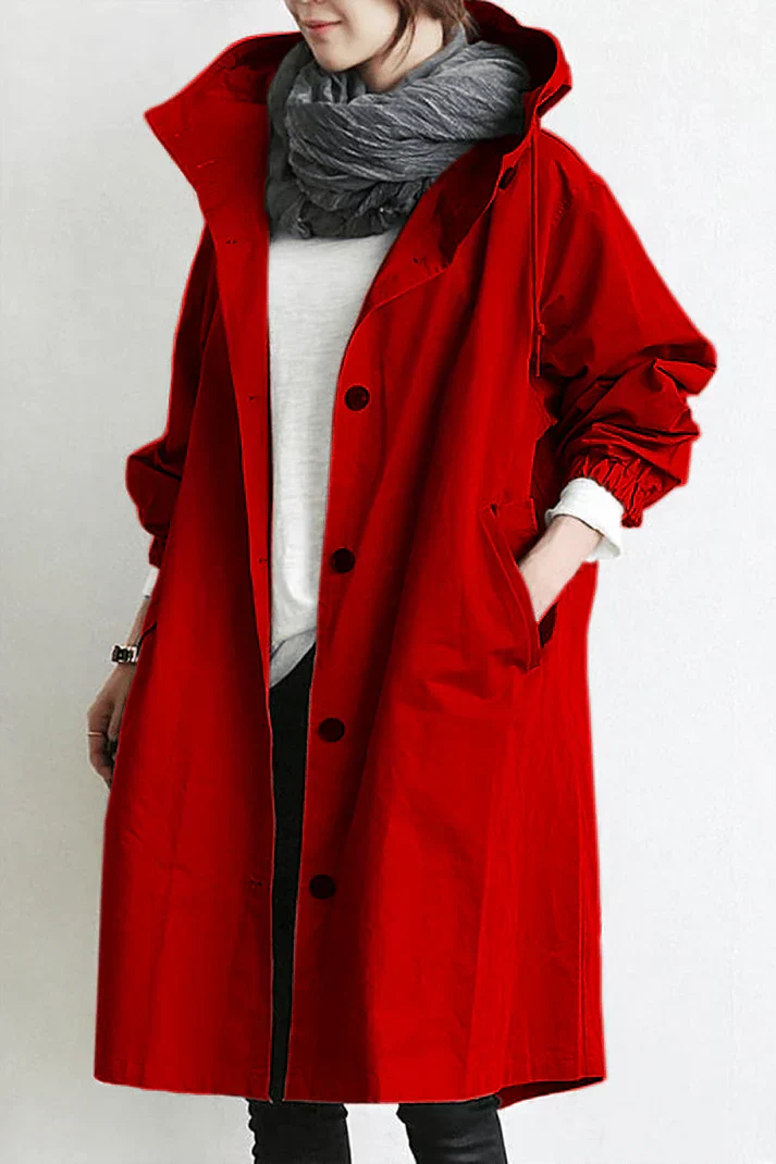 Women's Oversized Hooded Trench Coat with Pockets - Stylish Button-Up Outerwear