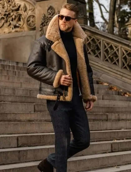 Men's Shearling Sheepskin Flying Jacket - Premium Warmth & Style | Classic Aviator Design