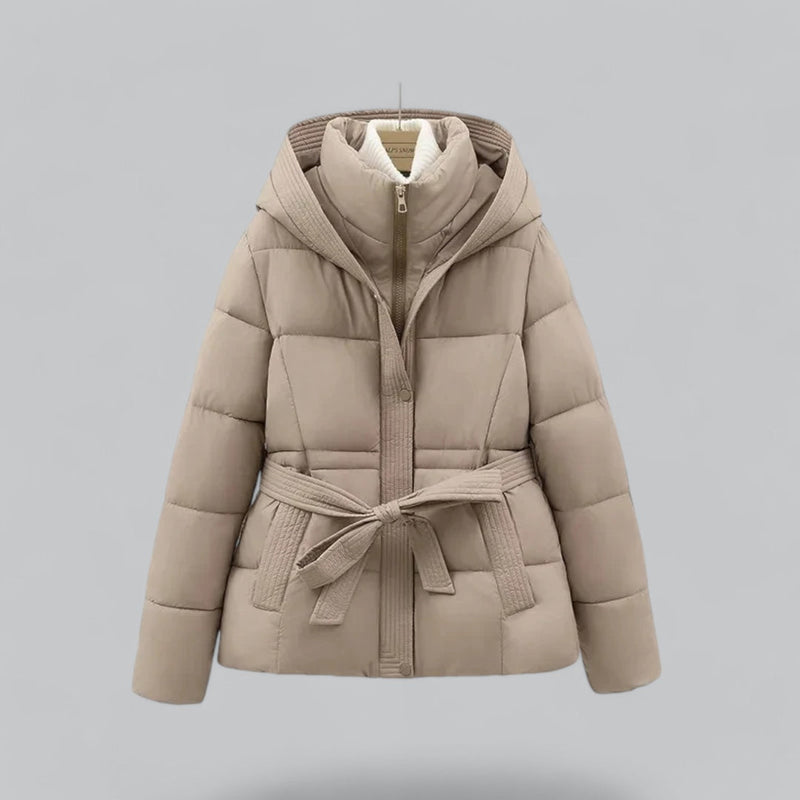 Women's Quilted Hooded Puffer Jacket with Belted Waist - Warm Insulated Winter Coat