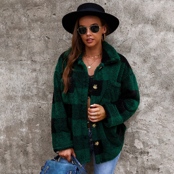 Furly Checkered Plush Fur Coat - Cozy & Stylish Winter Outerwear