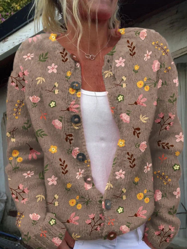 Women's Floral Knit Cardigan - Crew Neck, Button Closure, Cozy & Stylish Sweater for All Seasons