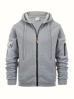 Men's Utility Zip-Up Hoodie with Drawstring Hood & Functional Pockets - Stylish & Versatile Outerwear