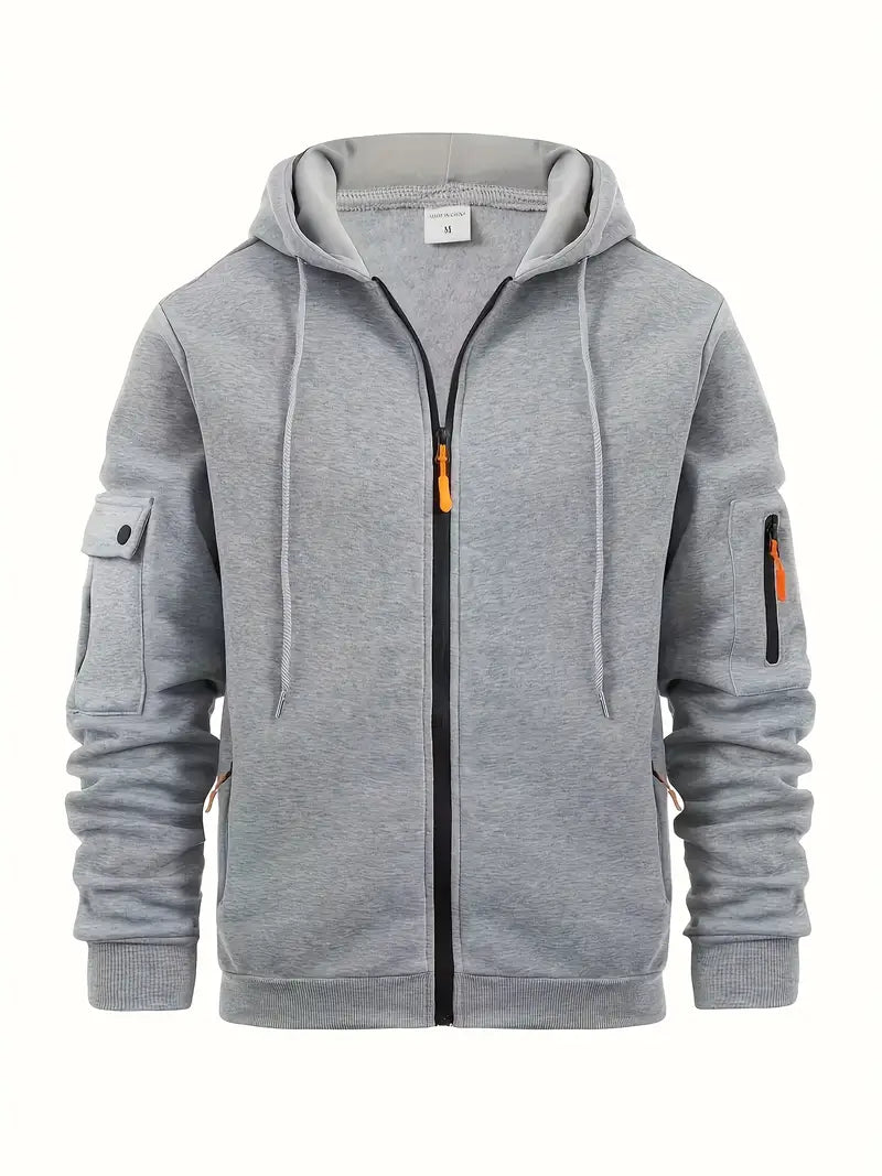 Men's Utility Zip-Up Hoodie with Drawstring Hood & Functional Pockets - Stylish & Versatile Outerwear