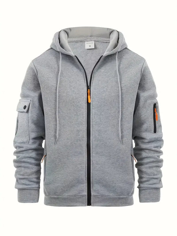 Men's Utility Zip-Up Hoodie with Drawstring Hood & Functional Pockets - Stylish & Versatile Outerwear