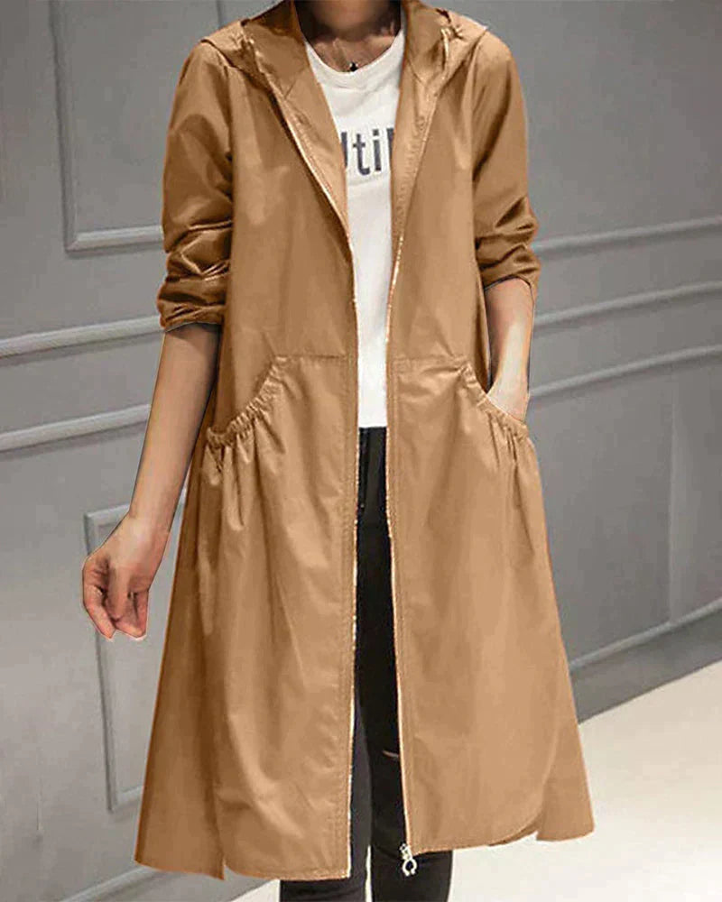 Women's Waterproof Lightweight Hooded Jacket - Relaxed Fit, Knee-Length, Zip Closure - Perfect for Outdoor Activities