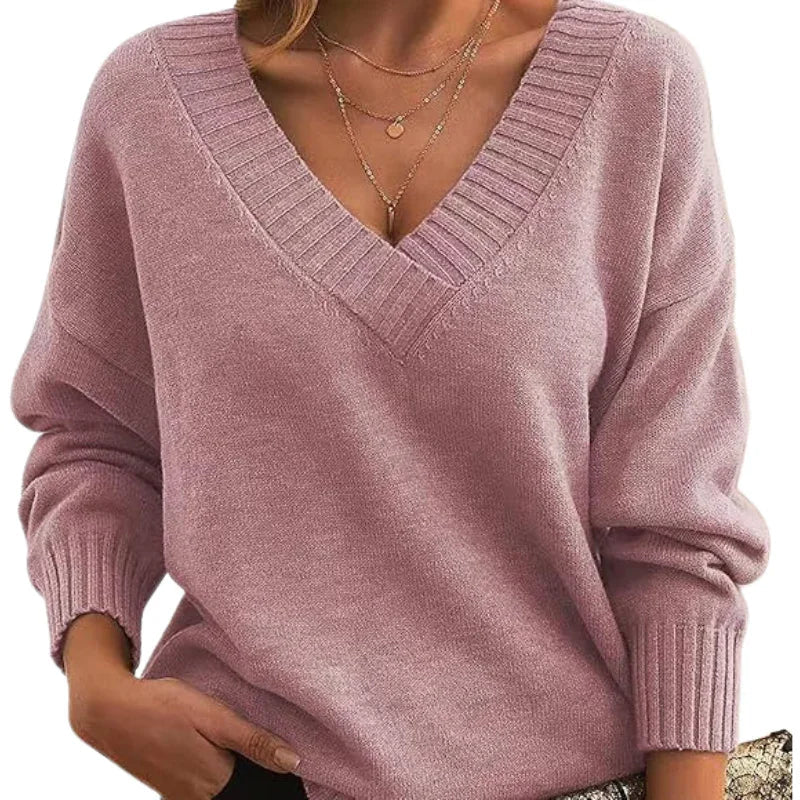 Women's Relaxed Fit V-Neck Textured Knit Jumper - Regular Length Cozy Sweater for Everyday Wear