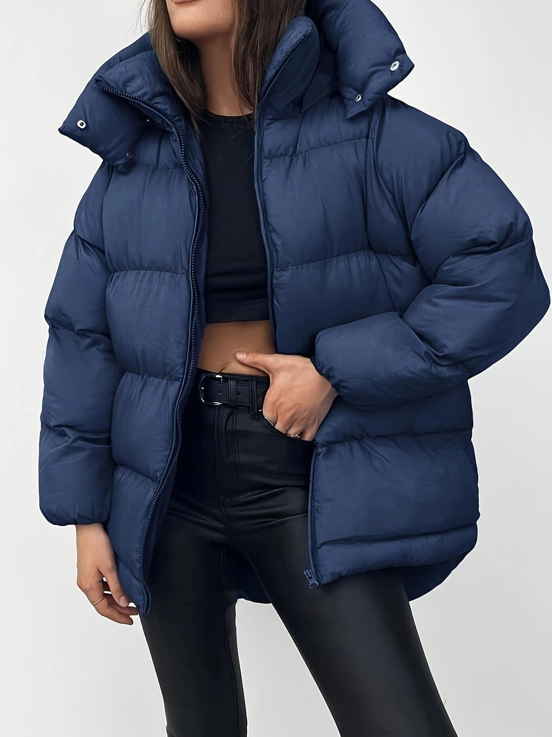 Women's Quilted Short Hooded Puffer Jacket with High Collar - Stylish & Warm Winter Outerwear
