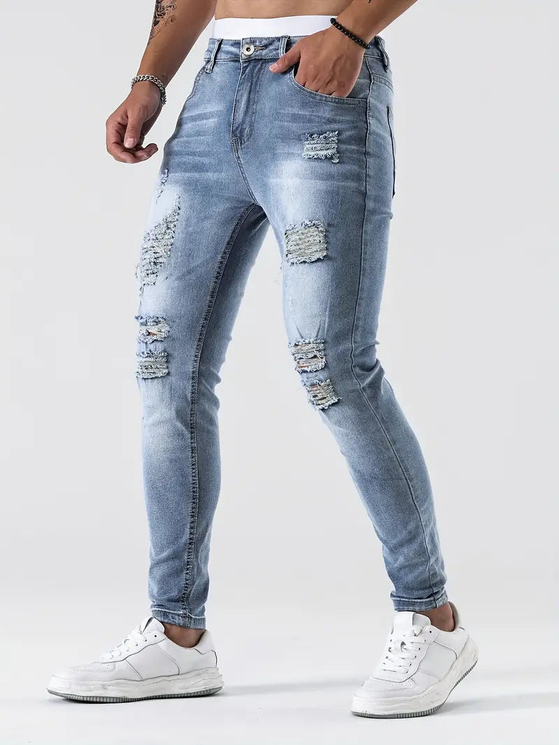 Men's Ripped Skinny Jeans - Stylish Distressed Denim Pants for a Trendy Look