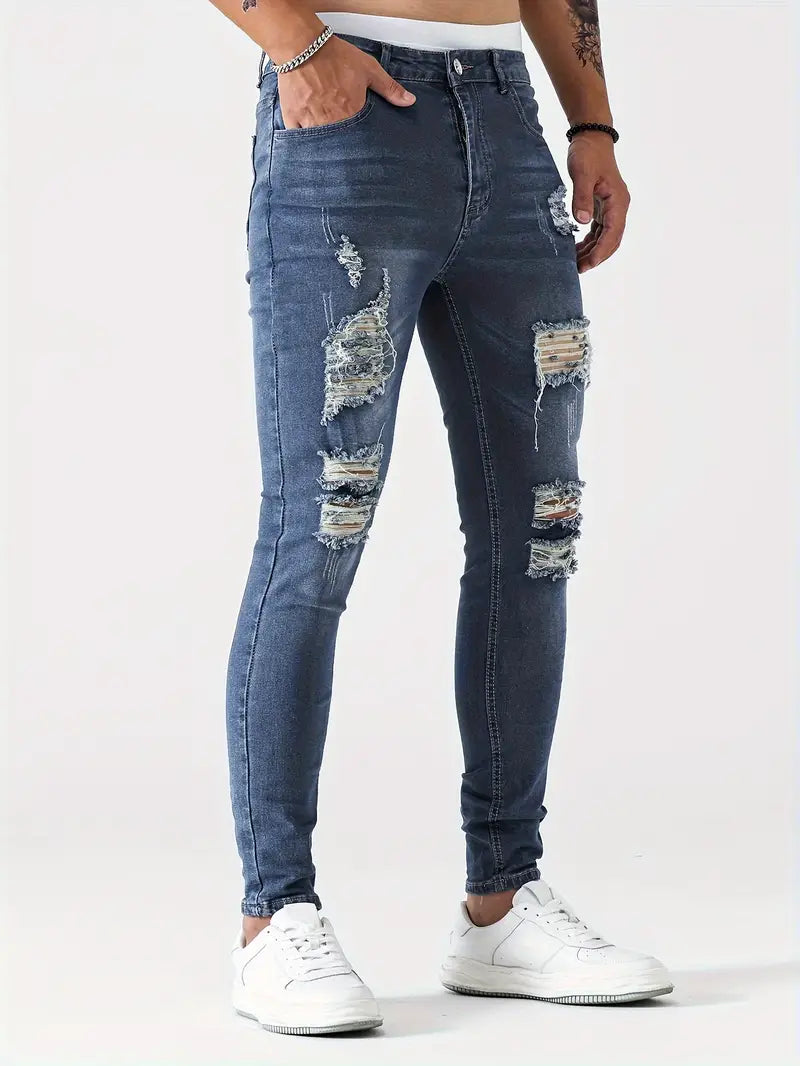 Men's Ripped Skinny Jeans - Stylish Distressed Denim Pants for a Trendy Look