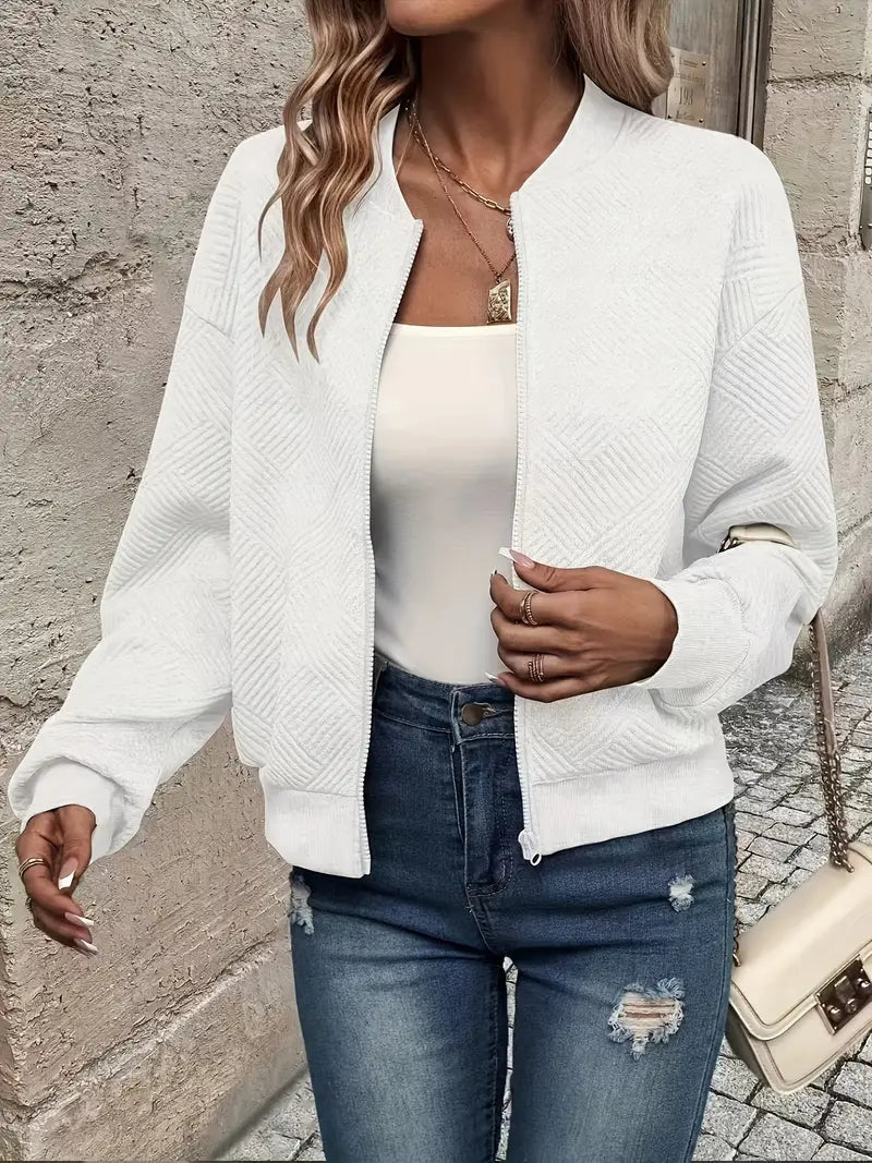 Women's Textured Zip-Up Cardigan with Ribbed Hem & Long Sleeves - Cozy, Stylish Outerwear for Fall & Winter