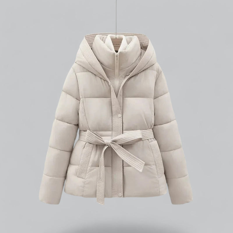 Women's Quilted Hooded Puffer Jacket with Belted Waist - Warm Insulated Winter Coat