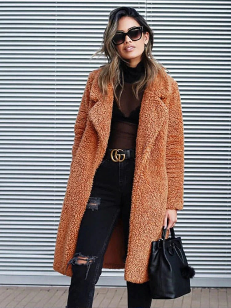 Women's Oversized Long Winter Teddy Coat with Stylish Lapel Collar - Cozy & Warm Outerwear