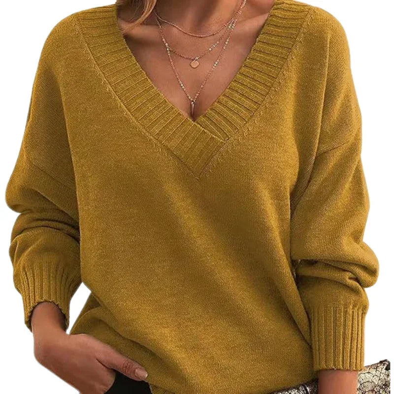 Women's Relaxed Fit V-Neck Textured Knit Jumper - Regular Length Cozy Sweater for Everyday Wear